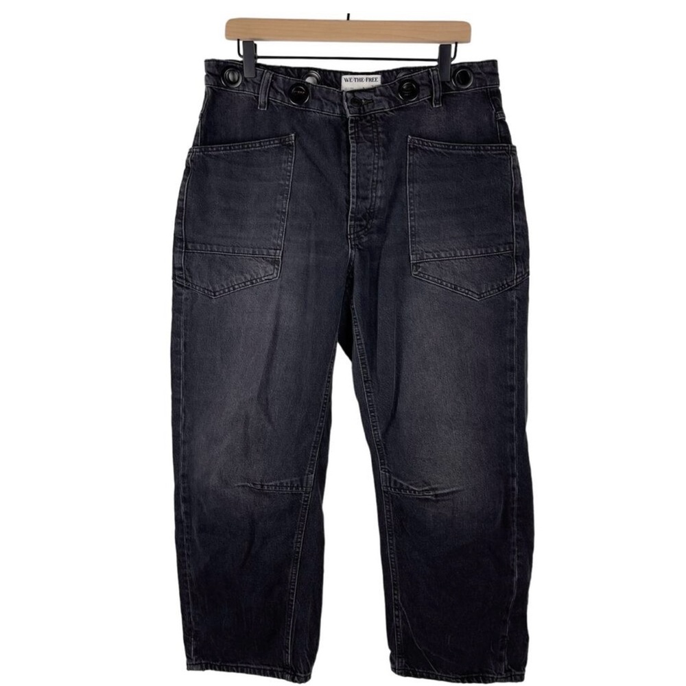 FP We The Free Moxie Pull On Barrel Jeans Low-Rise Faded Washed Black Sz 28